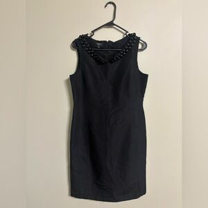 Talbots Dress Knee Length Classic Black Beaded Collar Sheath Cotton Silk Size 10